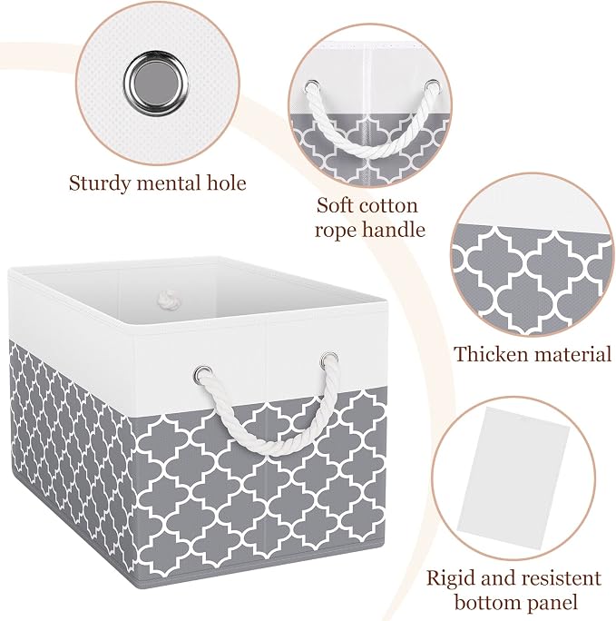 Fab totes Storage Bins [6-Pack], Foldable Storage Baskets for Organizing Toys, Books, Shelves, Closet, Large Storage Box with Rope Handles, Sturdy Organizer Bins,Clover Grey - Image 4