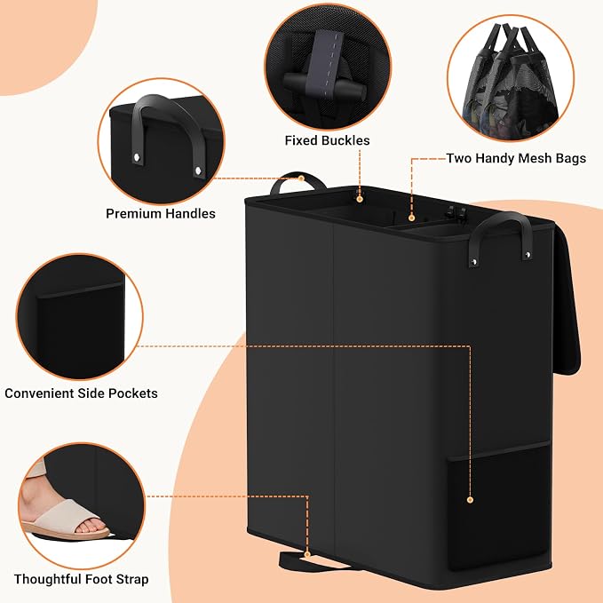 Large Double Laundry Hamper with Lid, Removable Bags & Reinforced Handles, 2 Section Tall Laundry Basket, Dirty Clothes Hampers for Laundry Room, Bedroom, Bathroom, Dorm, 155L, Black - Image 3