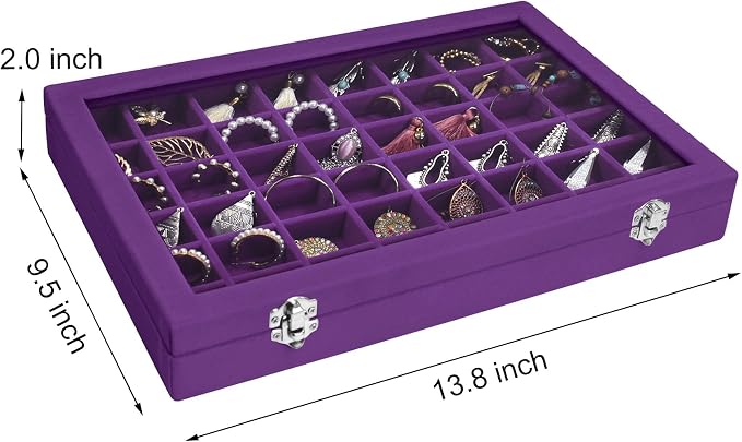 Siveit Velvet Jewelry Tray 48 Grid Jewelry Display Tray Organizer Box with Transparent Lid Rings Earrings Necklaces Pendants Display Box Suitable for Women and Girls (Purple) - Image 3