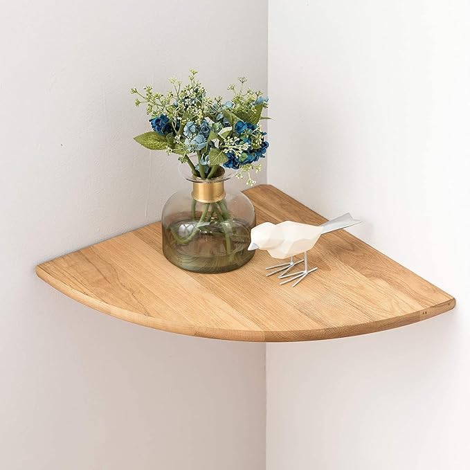 Corner Shelf, Solid Oak Wood Floating Corner Shelf Wall Mount Round End Floating Speaker with Wire Hole for Small Plant Photo for Bedroom Kitchen, Living Room by Coamily