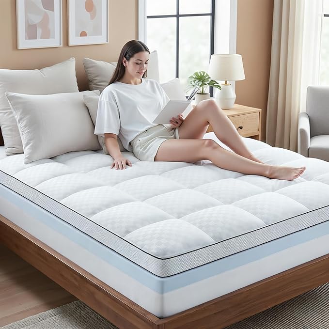 Full Size Dual Layer 4 Inch Memory Foam Mattress Topper, 2 Inch Gel Memory Foam and 2 Inch Pillow Top Mattress Pad Cover, Thick Soft Bed Topper Medium Support for Back Pain, White