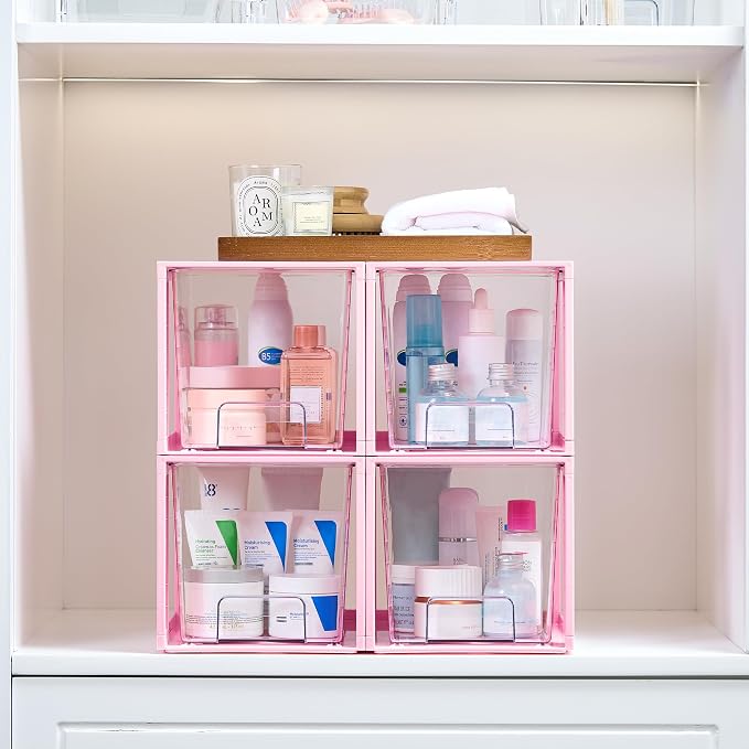 Vtopmart 4 Pack Large Stackable Storage Drawers,Pink,Easily Assemble Acrylic Bathroom Closet Undersink Organizers and Storage,Plastic Bins for Kitchen Cabinets,Pantry,Makeup,Medicine Organization - Image 2