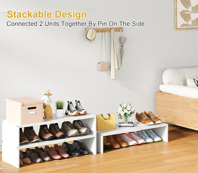 Cidaziya Expandable 1 Tier Shoe Rack for Shoe Cabinet, 1 Tier Stackable White Shoe Shelf Organizer for Closet, Sturdy Metal and Wood Structure, Hold 4-6 Pairs of Shoes - Image 6