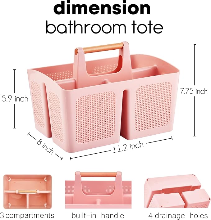 ALINK Portable Shower Caddy Basket with Compartments, Plastic Divided Cleaning Caddy Organizer Storage Tote with Handle for Bathroom, College, Dorm Room Essentials, Pink - Image 2