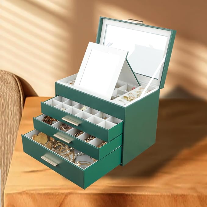 BOOVO Jewelry Boxes for Women, White and Black 6 Layer Large Jewelry Box for Necklace, Bracelet, Earrings, Rings Storage, Jewelry holder Organizer for Girls Gift (Dark Green, 4 layer) - Image 6