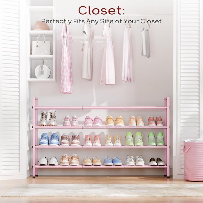 Bumusty 4-Tier Long Expandable Shoe Rack for Closet, 18"-44" Adjustable Shoe Rack for Entryway, 20-24Pairs Large Shoe Organizer Shelf Storage, Sturdy Metal, Black - Image 2
