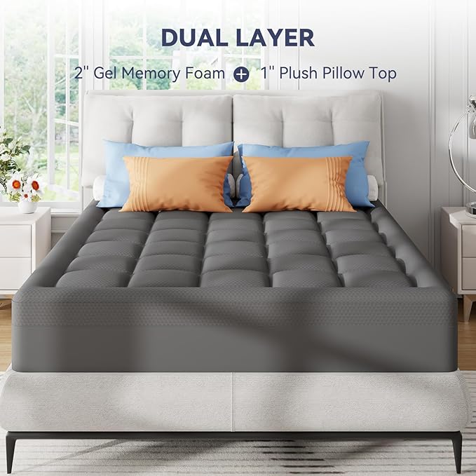 ELEMUSE Dual Layer 3 Inch Memory Foam Mattress Topper King, 2 Inch Cooling Gel Memory Foam Plus 1 Inch Down Alternative Pillowtop Mattress Pad with Cooling Cover, Soft Comfort Support, Grey