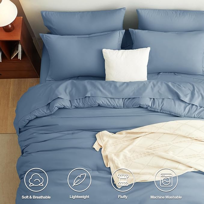 CozyLux King Size Comforter Set Grayish Blue, 7 Pieces Bed in a Bag King Comforter Set with Sheets, Dusty Blue Luxury Soft Bedding Sets with Down Alternative Comforter, Sheets, Pillowcases & Shams