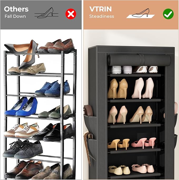 VTRIN Vertical Narrow Shoe Rack Organizer 10 Tier Tall Shoe Shelf Holds 20-22 Pairs with Non-Woven Dustproof Cover for Closet, Entryway Black - Image 6