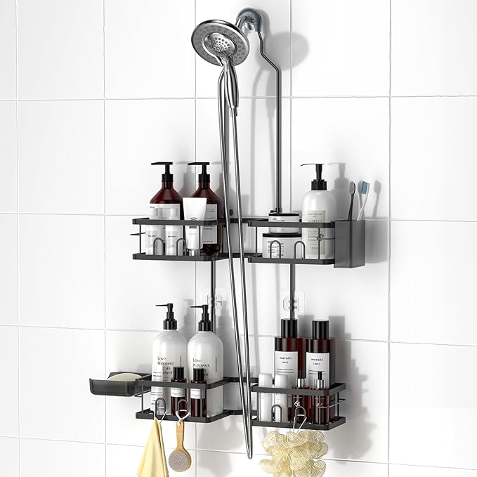 REINHARDT Adjustable Shower Caddy Hanging Rustproof Shower Caddy for Handheld Showerheads, Shower Organizer with Hooks Soap Holder Toothbrush Holder, Anti-Swing Shower Rack Bathroom Accessories, Black by REINHARDT