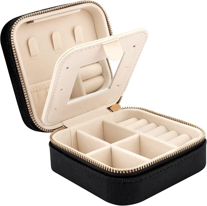DesignSter Travel Jewelry Box - Velvet Jewelry Organizer, Small Jewelry Case, Jewelry Storage Box for Rings Earrings Necklace (Square, Black) by DesignSter