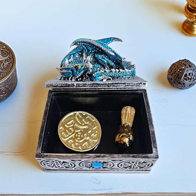 Dragon Statue Jewelry Box, Medieval Fantasy Myth Dragon With Cover Treasure Box, Dragon Statue Decoration Collection Gift Box. (Blue) - Image 3