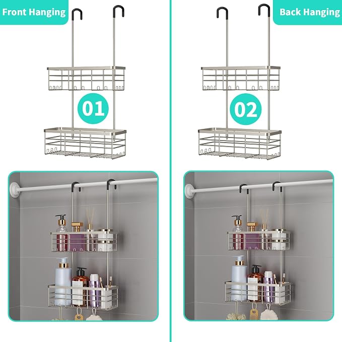 HapiRm Hanging Shower Caddy Organizer - No Drilling Shower Organizer with Hooks, Rustproof & Waterproof 304 Stainless Steel Bathroom Shelves - Brushed Nickel - Image 4