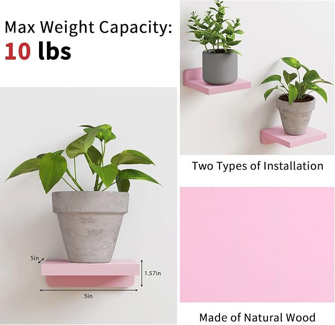 Fixwal Pink Shelves, 5x5 Inches Small Wall Shelf Set of 4, Rustic Wood Floating Wall Mounted Shelves for Bedroom, Living Room, Kitchen, Bathroom Decor (Pink) - Image 4
