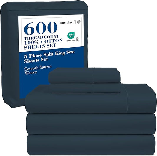LLANE Linen Split King Sheet Sets for Adjustable Beds - 5 PCs, 600 Thread Count Split King Sheets Set - Sateen Weave King Split Sheets - Split Top King Sheets Set for Adjustable Bed - Estate Blue