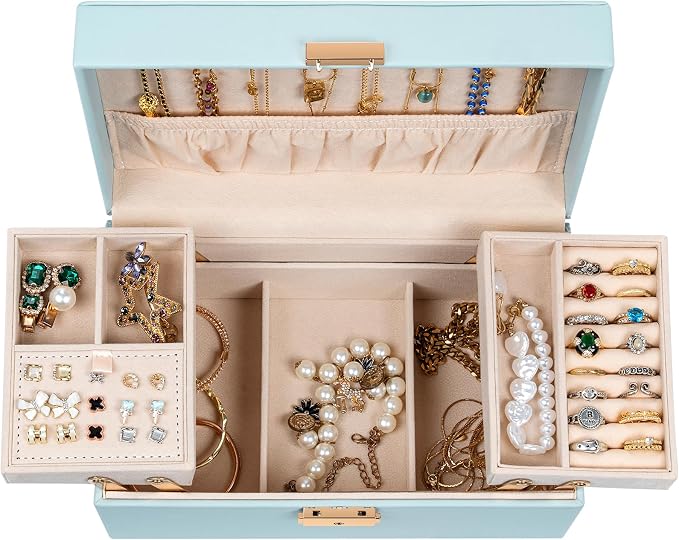 AKOZLIN Travel Jewelry Box Organizer Functional 2-trays Leather Jewelry Storage Case with Lockable Portable for Women Girls Ring Necklace Earring Bracelet - Image 2