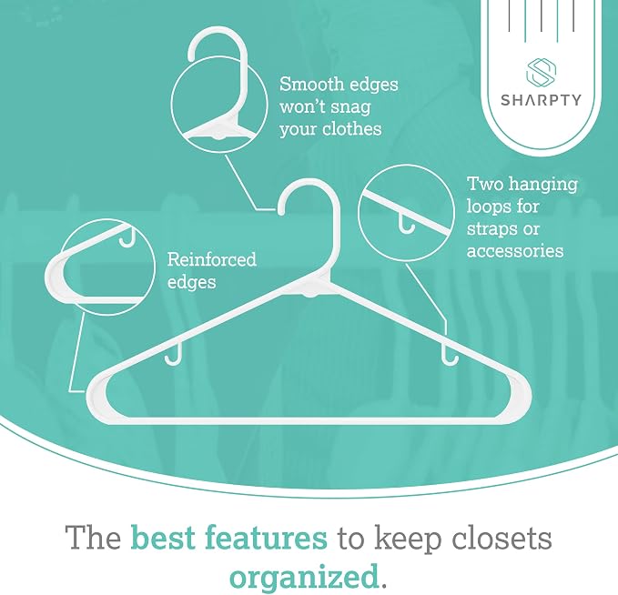 Sharpty Plastic Clothes Hangers - Adult Plastic Hanger - Clothing Hangers - Standard Hangers for Clothes - Space Saving Hangers - Ideal for Shirt, Dresses, Coat Hangers (60-Pack, White) - Image 2