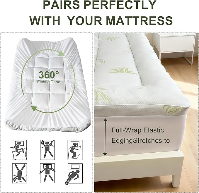 Mattress Topper Queen Size Aloe Vera Blend Viscose Derived from Bamboo Pillow Top - Extra Thick Padded Mattress Pad & Protector, Breathable Fitted Deep Pocket 8-21, Ultra Soft & Supportive 1100GMS