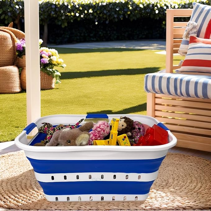 SAMMART 42L (11 gallon) Collapsible Plastic Laundry Basket - Foldable Pop Up Storage Container/Organizer - Space Saving Hamper/Basket (1, White/Dark Blue) - Image 4