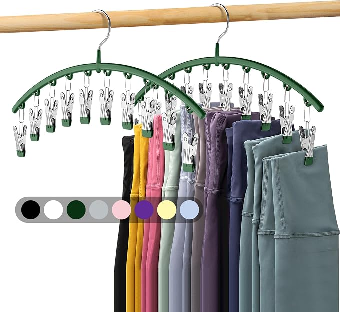 Legging Organizer for Closet, Metal Yoga Pants Hangers 2 Pack w/10 Clips Holds 20 Leggings, Space Saving Hanging Closet Organizer w/Rubber Coated Closet Organizers and Storage, Green by Volnamal