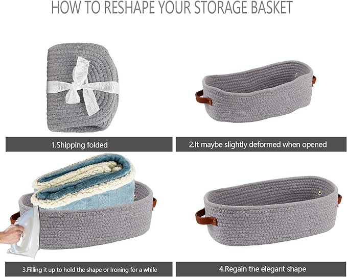 Cotton Rope Small Woven Toilet Paper Room Storage Basket with Handles for Bathroom, 13"x5.9"x4" Gary - Image 7