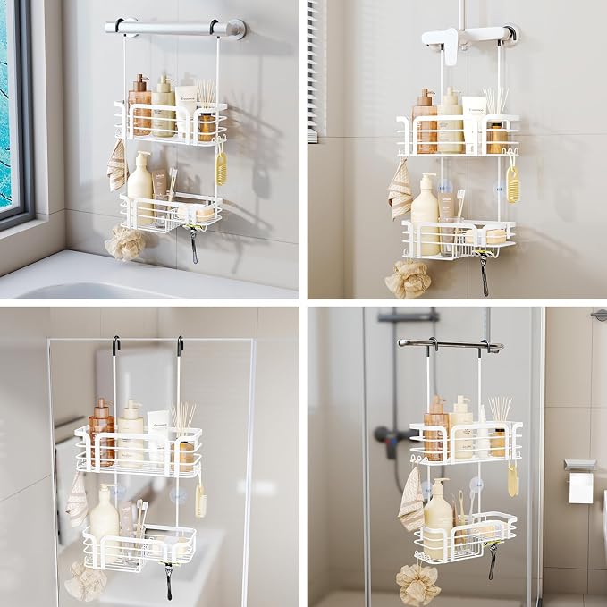 SWTYMIKI Shower Caddy Hanging Organizer - Over the Door Shower Caddy with Soap Holder, 11 Hooks, 2 Installation Ways, Stainless Steel Rustproof Bathroom Organizer, Black - Image 2