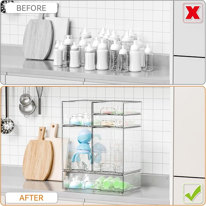 Yieach 6 Set Clear Baby Bottle Organizer for Countertop,BPA FREE Bottle Station Organizer for Breast Pump Parts,Pacifier and Baby Accessories,Stackable Drawers for Bathroom,Cabinet,Pantry Organization - Image 6