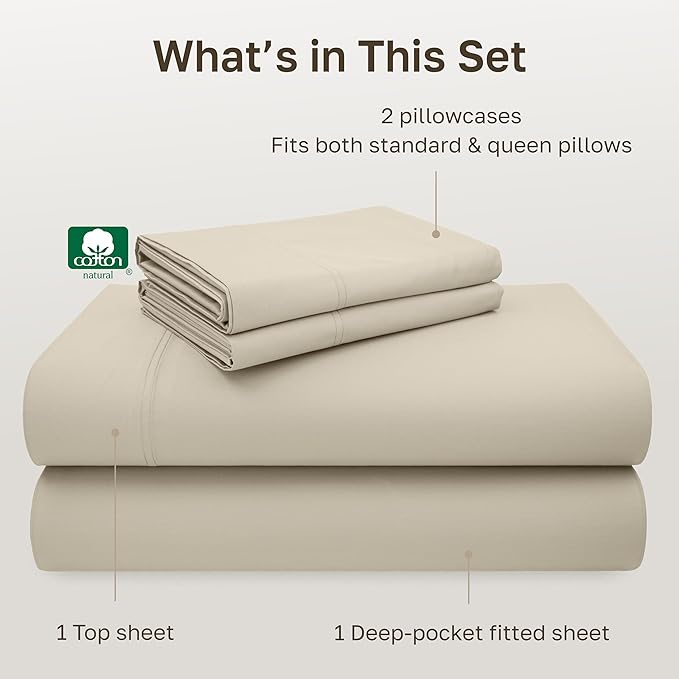 California Design Den Full Size Bed Sheets Set - 600 Thread Count, 100% Cotton Sheets, Soft Sateen, Deep Pockets, Durable Bedding Set - Beige
