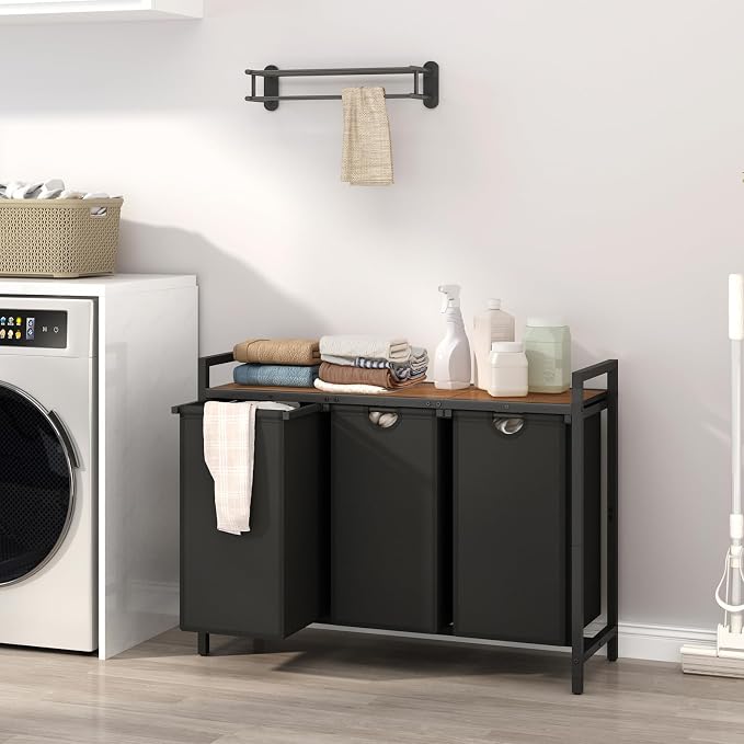 Laundry Hamper, Two -Color 3 Section Laundry Basket with 3 Removable Laundry Sorter Bags and Top Shelf, Clothes Hamper for Laundry Room, Bathroom - Image 4