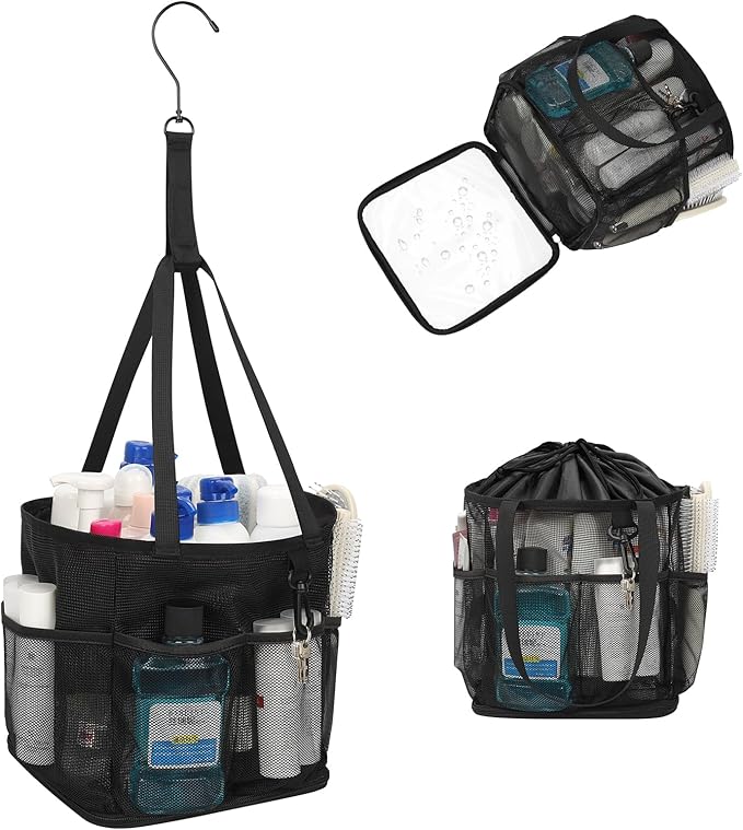 Mesh Shower Caddy Portable for College Dorm Room Essentials, Shower Tote Bag with Hanging Hook and Drawstring, Quick Dry Toiletry Bag with 6 Pockets for Bathroom, Swimming, Gym, Camping, Beach, Travel by onemoky