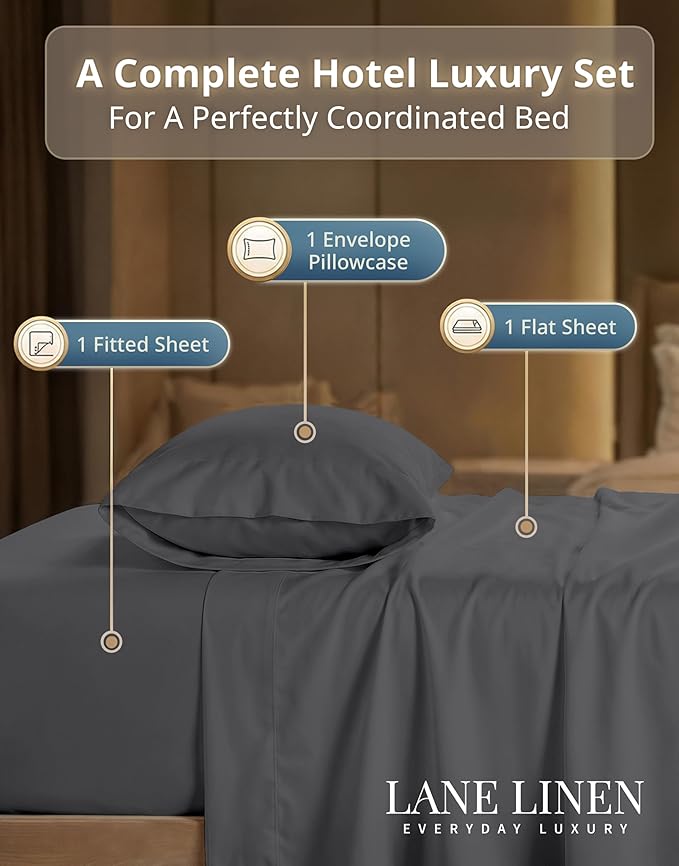 LANE LINEN Twin Bed Sheets Set - 600 Thread Count Sateen Weave for Smooth & Silky Feel On Skin - Breathable 100% Cotton Sheets for Single Beds - Fits Mattresses Upto 15'' Deep - Charcoal