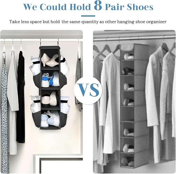 SLEEPING LAMB Short Hanging Shoe Organizer for Closet Storage with Mesh Side Pockets Holds 8 Pairs, Hanging Shoe Rack Hanger RV, Camper, Black - Image 3