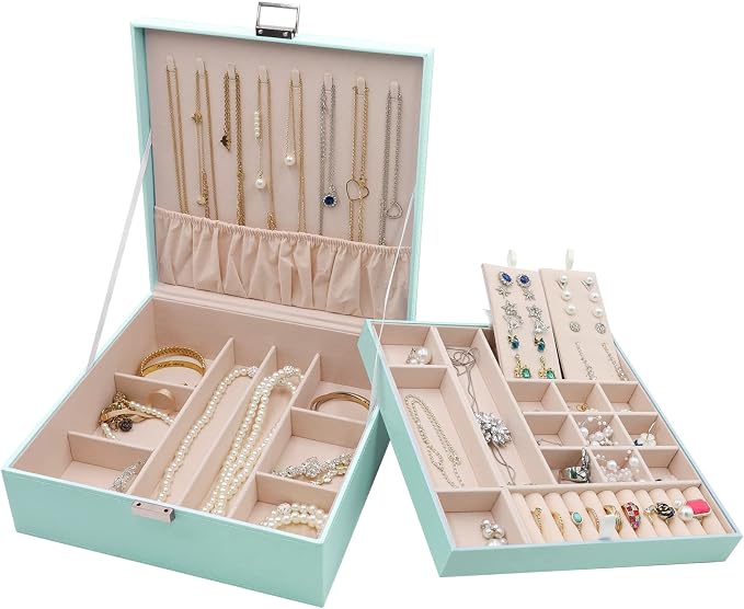 ProCase Jewelry Box for Women, 2 Layers Large Leather Jewelry Organizer Storage Case with Removable Pad for Earrings -Mint by ProCase