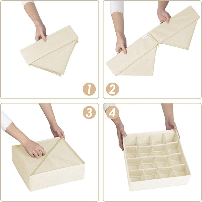 Criusia 3 Pack Sock Underwear Drawer Organizer Dividers, 64 Cell Fabric Foldable Cabinet Dresser Closet Organizers and Storage Boxes for Organizing Socks, Underwear, Ties (16+24+24 Cell, Beige) - Image 6