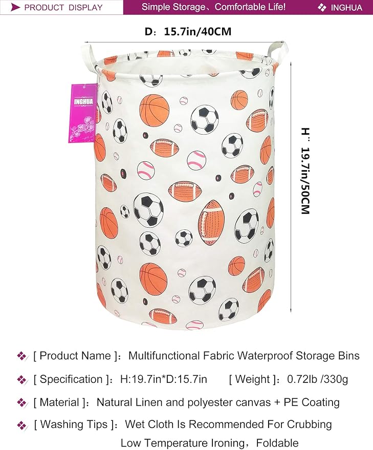Laundry Hamper Large Canvas Fabric Lightweight Storage Basket/Toy Organizer/Dirty Clothes Collapsible Waterproof for College Dorms, Boys and Girls Bedroom,Bathroom(Ball game) - Image 2