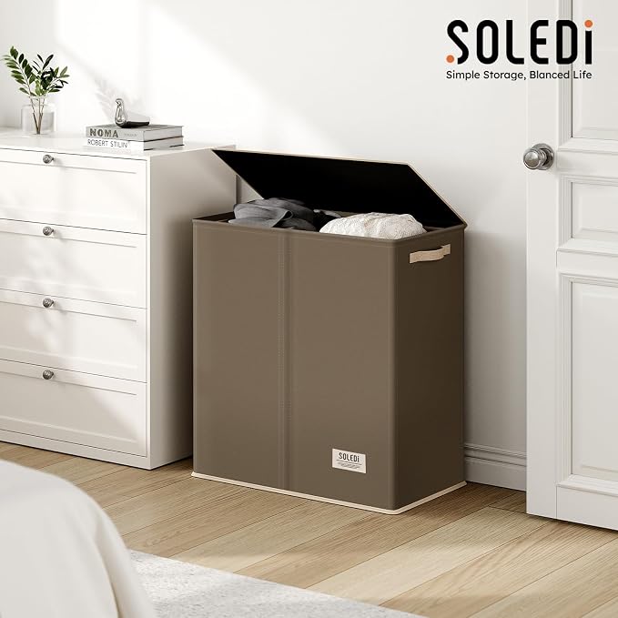 SOLEDI Large Double Laundry Hamper with Lid, Collapsible Clothes Hamper 2 section with Removable Bags, Space-Saving Laundry Basket for Bedroom, Dorm, College - Image 9