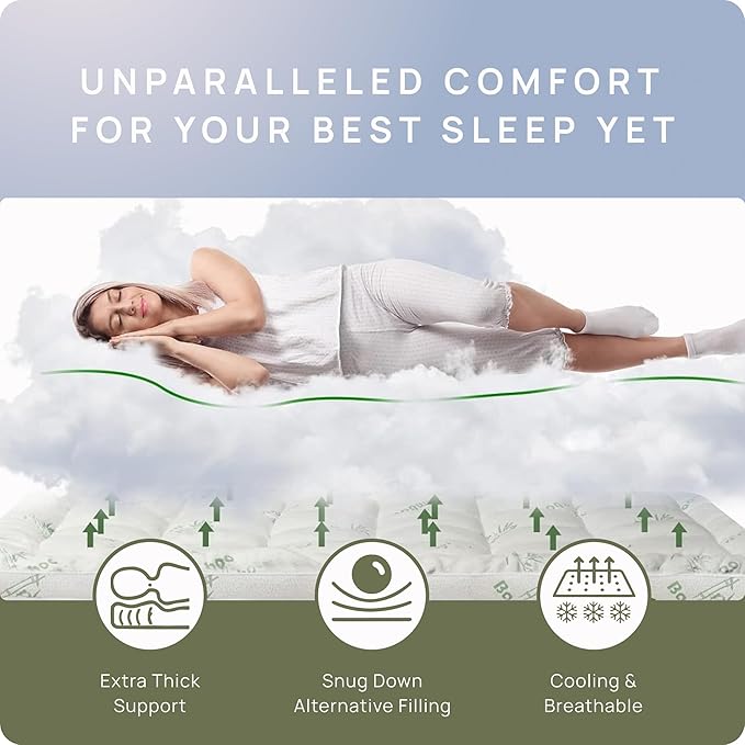 Cooling Mattress Topper - Short Queen Size | Plush Pad Mattress Topper for Back Pain Relief, 8-21" Deep Pocket | Viscose Made from Bamboo Pillow Top | Camper Bed Essentials | 60 x 75 Inch