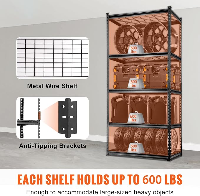 VEVOR Storage Shelving Unit, 5-Tier Adjustable, 2000 lbs Capacity, Heavy Duty Garage Shelves Metal Organizer Wire Rack, Black, 36" L x 16" W x 72" H for Kitchen Pantry Basement Bathroom Laundry Closet - Image 5