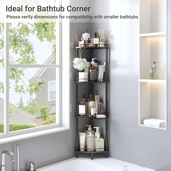 ELYKEN Corner Shower Caddy Standing, 4 Tier Rustproof Metal Shower Organizer with Soap Holder, Floor Shower Corner Shelf Rack Storage Stands with Adjustable Feet & 2 Hooks for Bathroom, Black - Image 8