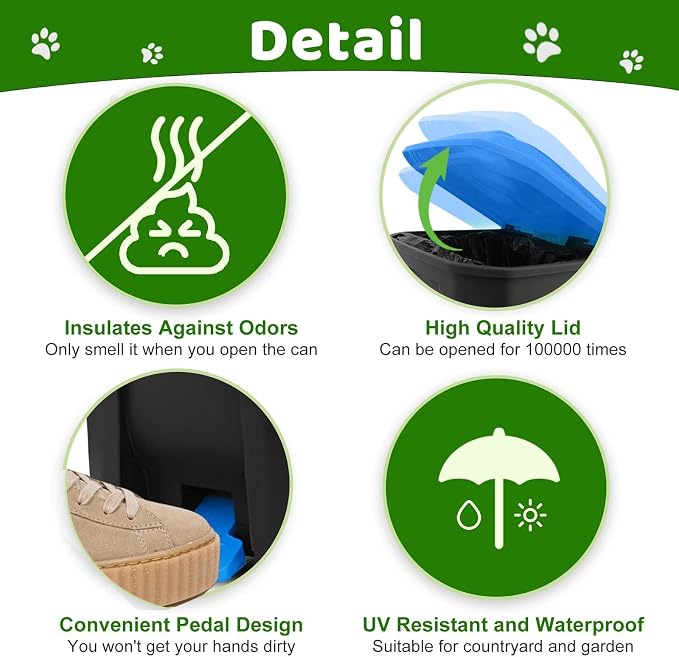 Dog Poop Trash Can Outside with Pooper Scooper and Metal Rake & Tray, 20L/5Gal Dog Waste Trash Can with Lid, Pedal and Removable Inner Waste Bin, Pet Poop Bin with 100 Bags, Blue - Image 5