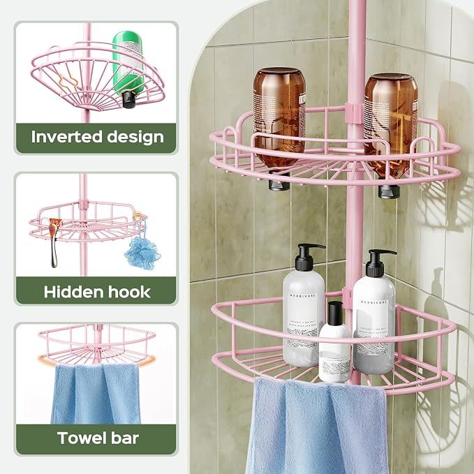 HAMITOR Corner Shower Caddy Tension Pole: 4-Tier Rust-Resistant Adjustable Bathroom Organizer Shelves - 47-121 Inch No-Drill Quick Installation - Space-Saving Storage for Renters Family - Pink - Image 5