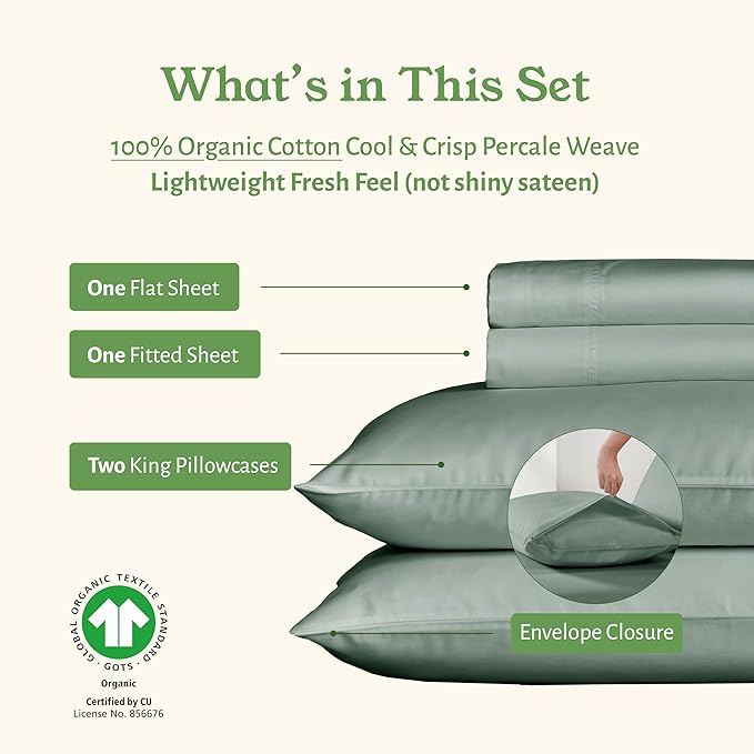 California Design Den Cal King Sheet Set - Soft 100% Organic Cotton, Crisp and Cool Percale Sheets, Deep Pockets with Anti-Skid Elastic, Breathable and Durable Bedding Set - Sage Green