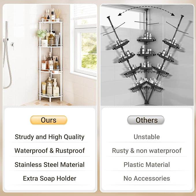 ELYKEN Corner Shower Caddy Standing, 4 Tier Rustproof Metal Shower Organizer with Soap Holder, Floor Shower Corner Shelf Rack Storage Stands with Adjustable Feet & 2 Hooks for Bathroom, White - Image 7