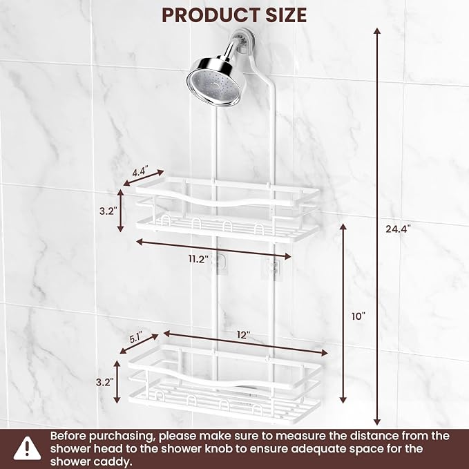 REINHARDT Shower Caddy Hanging, Rustproof Shower Caddy Anti-Swing Shower Organizer No Drilling Showers Racks with Soap Holder Multi Hooks Bathroom Storage for Shampoo Sponge, White - Image 6