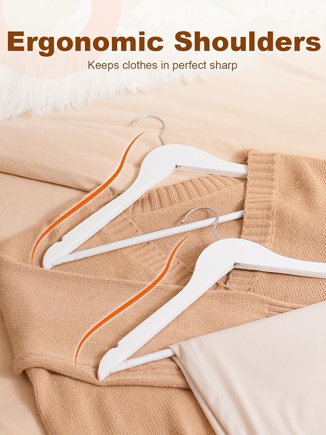 HOUSE DAY White Wooden Hangers 10 Pack, Solid Wood Hanger with Non Slip Pant Bar, Heavy Duty Wooden Coat Hanger for Closet, Smooth Finish Wood Clothes Hangers for Shirts, Suits Jackets, Dress - Image 6