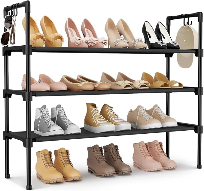 LANTEFUL 3 Tier Shoe Rack for Closet, Shoe Organizer with 5 Hooks, Long Shoe Shelf Storage for Sneaker and Boot Stackable Free Standing Shoe Rack for Entryway, Garage, Small Spaces, Dorm by LANTEFULforTidyingHouse