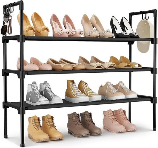 LANTEFUL 3 Tier Shoe Rack for Closet, Shoe Organizer with 5 Hooks, Long Shoe Shelf Storage for Sneaker and Boot Stackable Free Standing Shoe Rack for Entryway, Garage, Small Spaces, Dorm by LANTEFULforTidyingHouse
