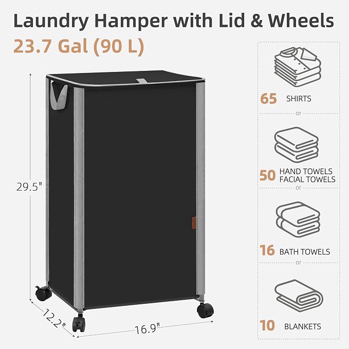STORAGE MANIAC Rolling Laundry Hamper with Lid, 23.7 Gal (90 L) Large Tall Laundry Basket with Wheels & Handles, Aesthetic Dirty Clothes Hamper for Small Space, Dorm, Apartment, College, Black - Image 3