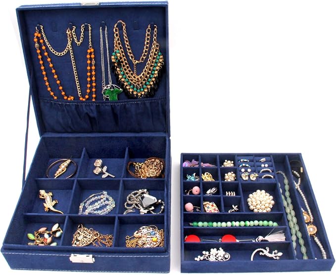 Two-Layer Jewelry Box Organizer Display Storage case with Lock (Deep Blue) - Image 3