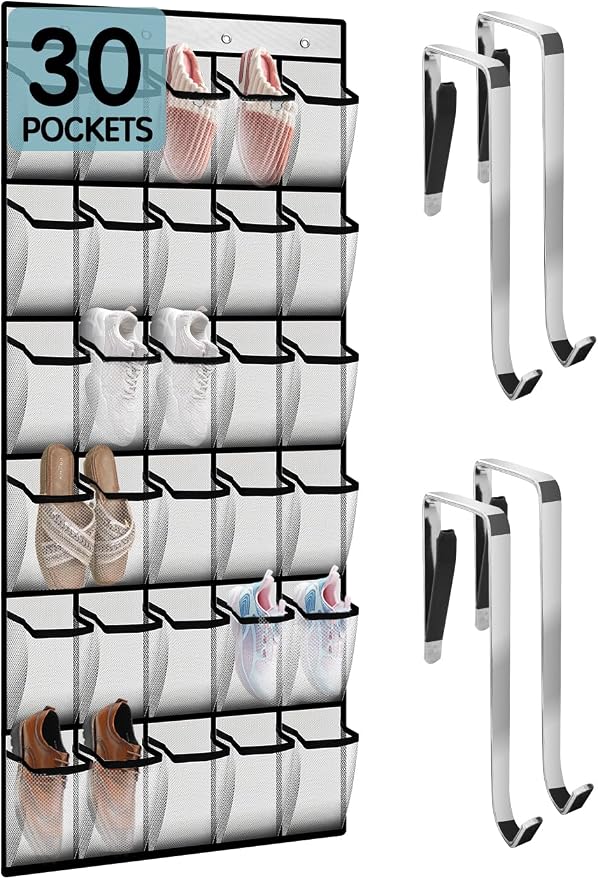 Kotkn Over the Door Shoe Organizer with 30 Breathable Mesh Pockets - Large Capacity Closet Storage for Men & Women, Hanging Shoe Rack Organizer (White) by Unknown